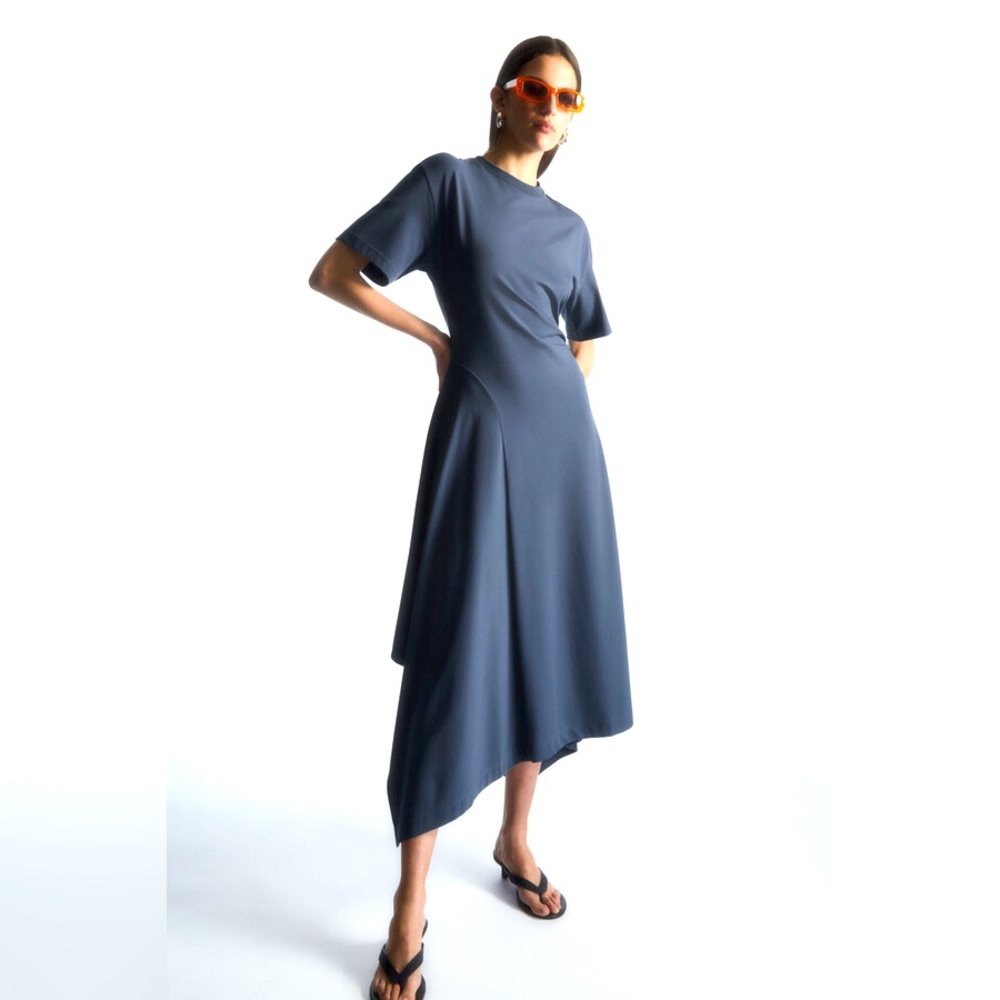 COS Steel Blue Asymmetric Flow Ruched Stretch Cotton Jersey T-Shirt Midi Dress L - Picture 1 of 13
